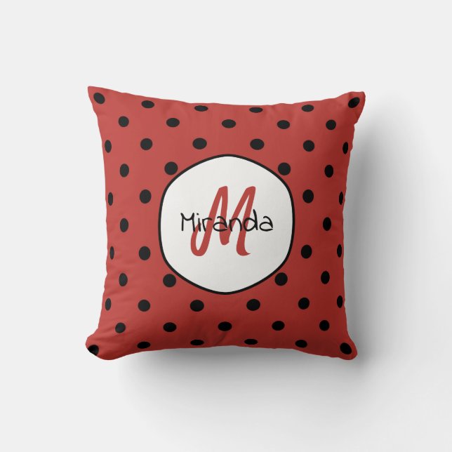 Black Red Ladybug Polka dots Namn och Monogram Kudde (Framsida)