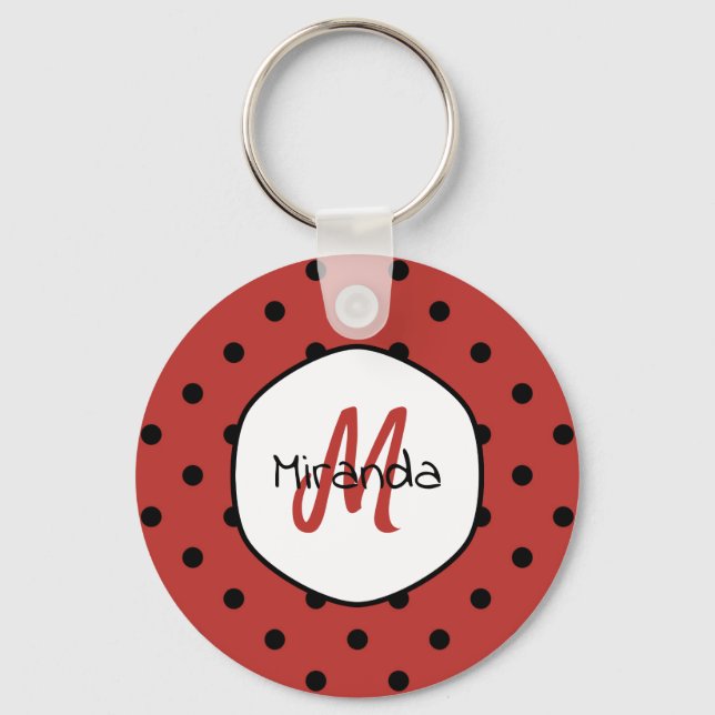 Black Red Ladybug Polka dots Namn och Monogram Nyckelring (Framsida)