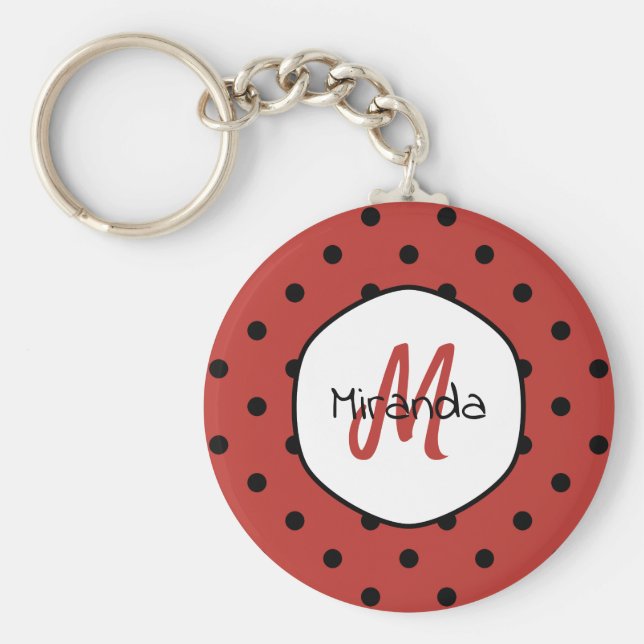 Black Red Ladybug Polka dots Namn och Monogram Nyckelring (Framsidan)