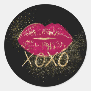 Black Red Läppar Kiss Guld Glitter XOXO Runt Klistermärke