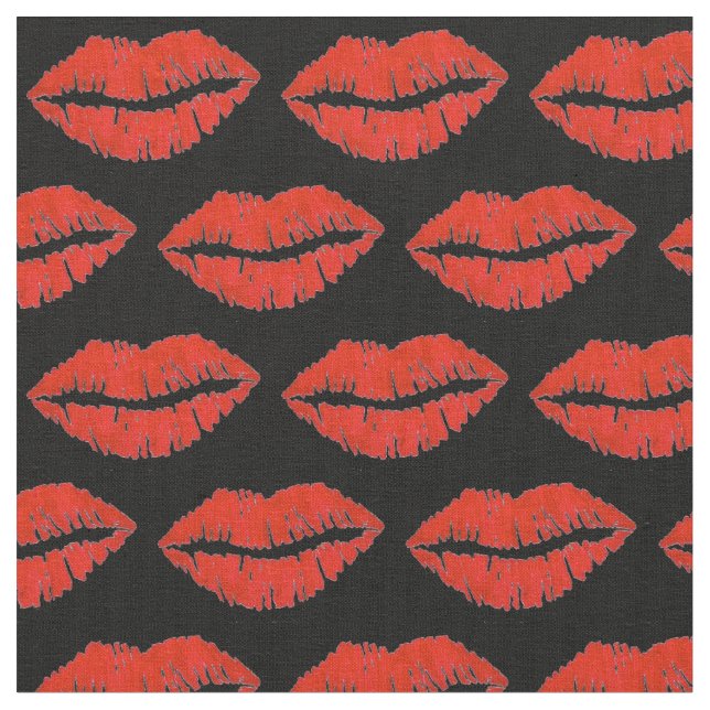Black Red Läppar Lipstick Kiss Print Valentine Kär Tyg (Närbild)
