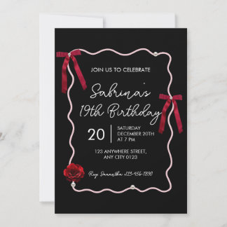 Black Red Modern Coquette 19th Birthday Invitation Inbjudningar