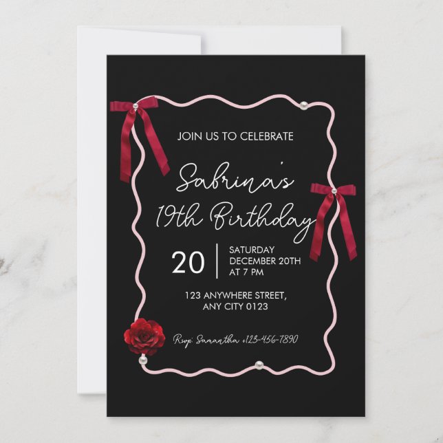 Black Red Modern Coquette 19th Birthday Invitation Inbjudningar (Framsida)