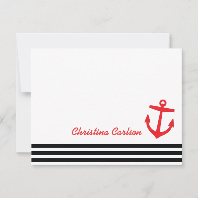 Black & Red Nautical Rand & Anchor Stationery Anteckningskort (Framsida)