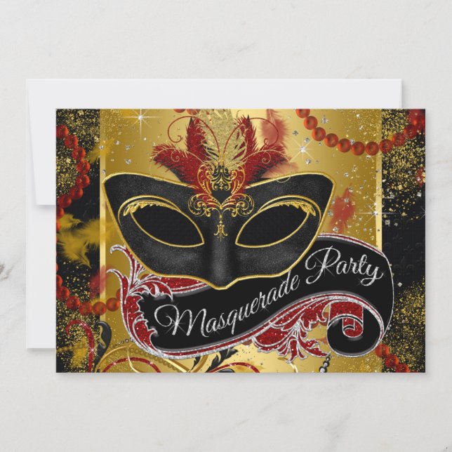 Black Red och Guld Masquerade Party Inbjudningar (Framsida)