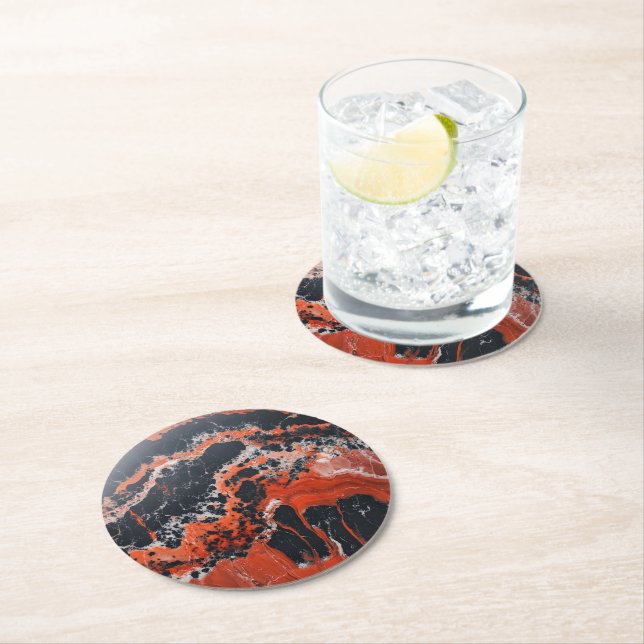 Black Red Orange Marble Mönster Underlägg Papper Rund (Insitu)