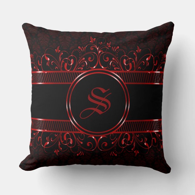 Black & Red Ornate Gothic Monogrammed Kudde (Framsida)