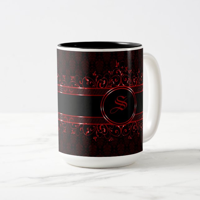 Black & Red Ornate Gothic Monogrammed Två-Tonad Mugg (Framsida höger)
