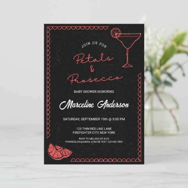 Black & Red Petals & Prosecco Baby Shower Inbjudningar (Stående Fram)