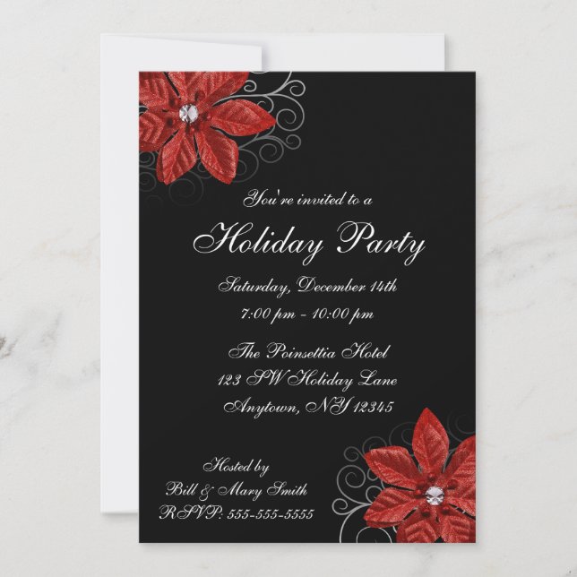 Black Red Poinsettia Swirls, Julfest Inbjudningar (Framsida)