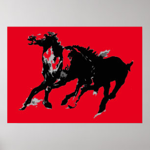 Black Red Pop Art Runces Horses Silhouettes Poster