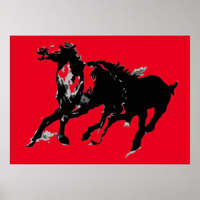 Black Red Pop Art Runces Horses Silhouettes Poster (Framsidan)