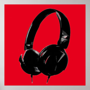 Black Red Pop Art Stil Headphone Poster