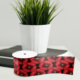 Black Red Poppy Flowers Blommigt Satin Ribbon