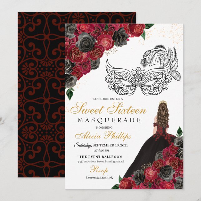Black Red Princess Tiara MasqueraeraSverige 16 Inbjudningar (Fram/baksida)