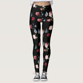 Black Red & rosa blommigt print & blue butterfly Leggings