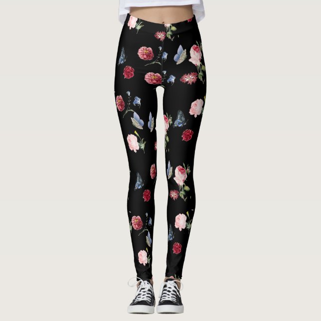 Black Red & rosa blommigt print & blue butterfly Leggings (Framsida)