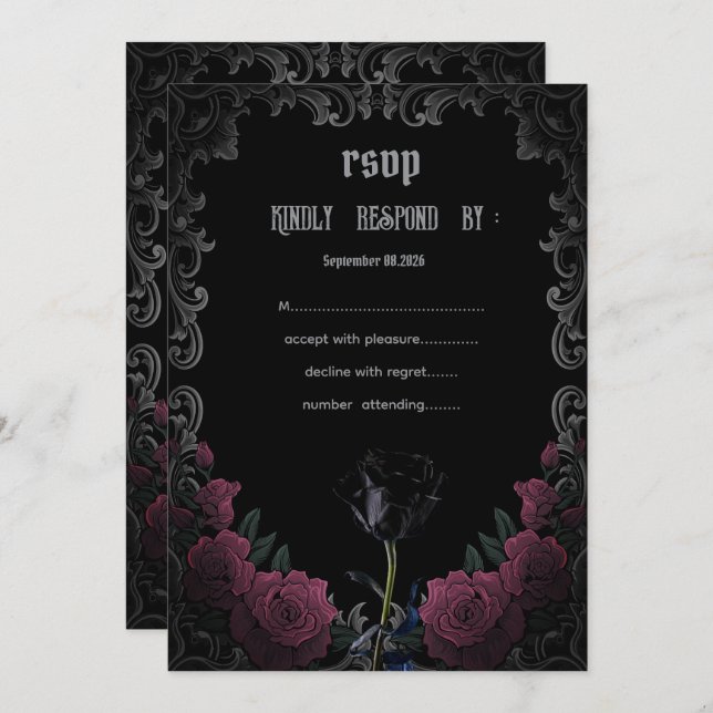  Black Red Roses Gothic  RSVP   Inbjudningar (Fram/baksida)