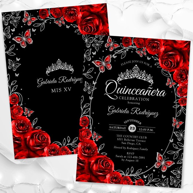 Black Red Silver Quinceanera Inbjudningar (Skapare uppladdad)