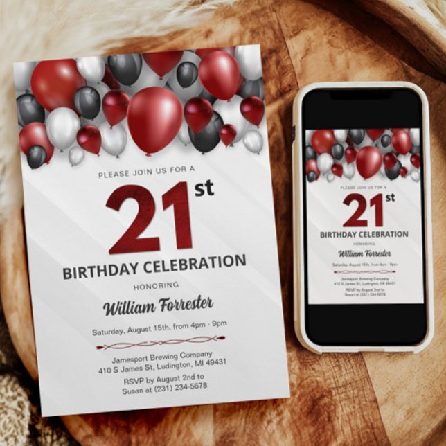Black Red Silver & White 21:a födelsedagsinbjudan Inbjudningar (Black Red Silver & White 21st Birthday Invitation)