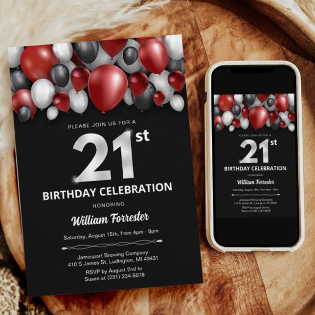 Black Red Silver & White 21:a födelsedagsinbjudan Inbjudningar (Black Red Silver & White 21st Birthday Invitation)