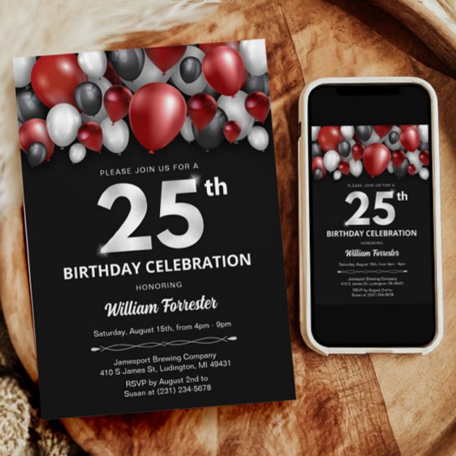 Black Red Silver & White 25:e födelsedagsinbjudan Inbjudningar (Black Red Silver & White 25th Birthday Invitation)