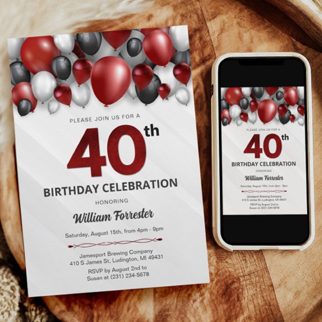 Black Red Silver & White 40:e födelsedagsinbjudan Inbjudningar (Black Red Silver & White 40th Birthday Invitation)