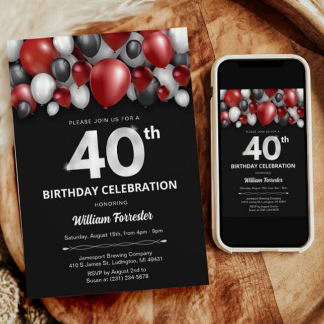 Black Red Silver & White 40:e födelsedagsinbjudan Inbjudningar (Black Red Silver & White 40th Birthday Invitation)