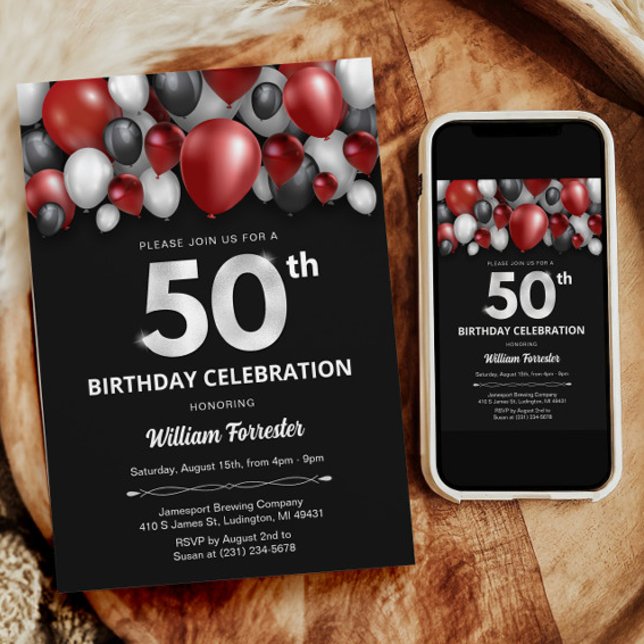 Black Red Silver & White 50:e födelsedagsinbjudan Inbjudningar (Black Red Silver & White 50th Birthday Invitation)