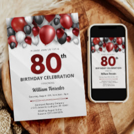Black Red Silver & White 80:e födelsedagsinbjudan Inbjudningar