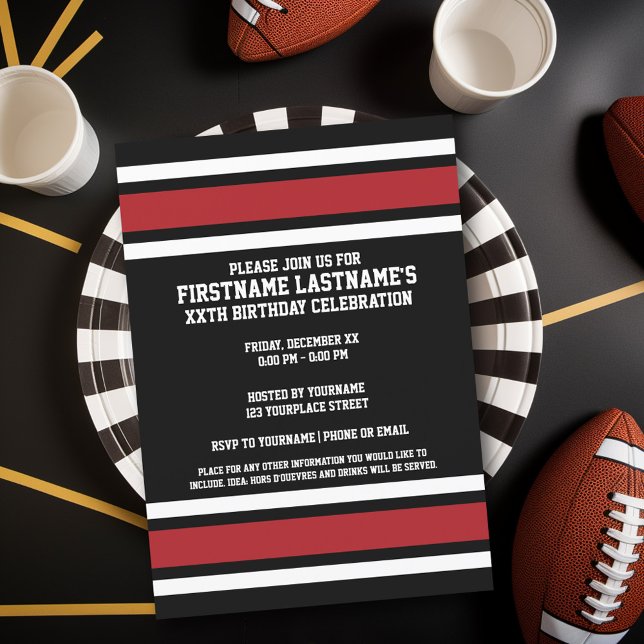 Black Red Sports Jersey Födelsedagsfest Inbjudningar (Birthday Party Invitation - Sports Theme - Football Party Invitation)