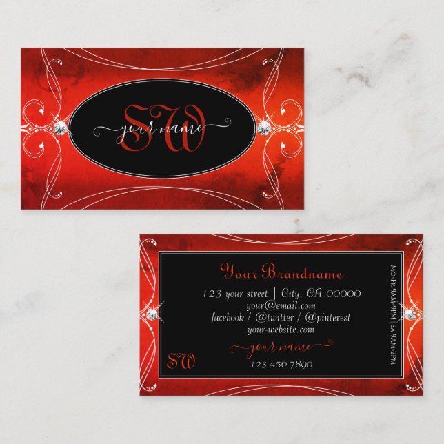Black Red Squiggled Ornate Gnistra Jewels Monogram Visitkort (Fram/baksida)