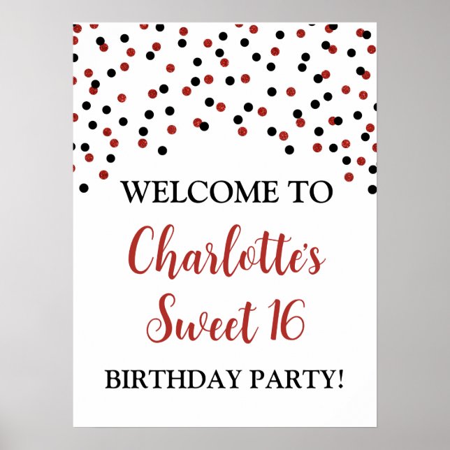 Black Red Sweet 16 Birthday Anpassningsbar 18 x 24 Poster (Framsidan)