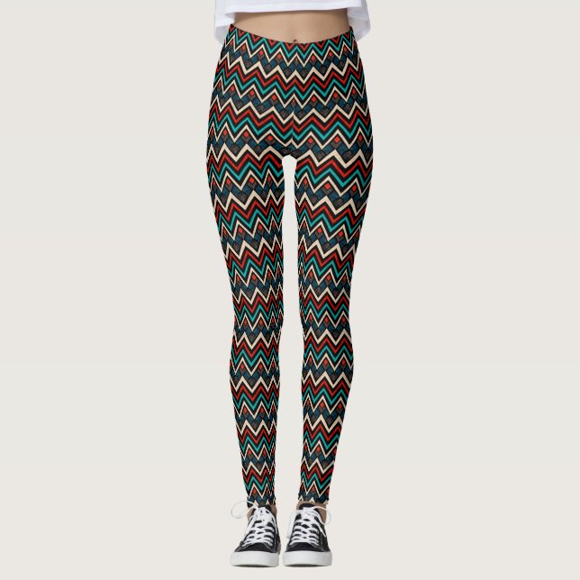 Black Red Teal Beige Aztec Mönster Leggings (Framsida)