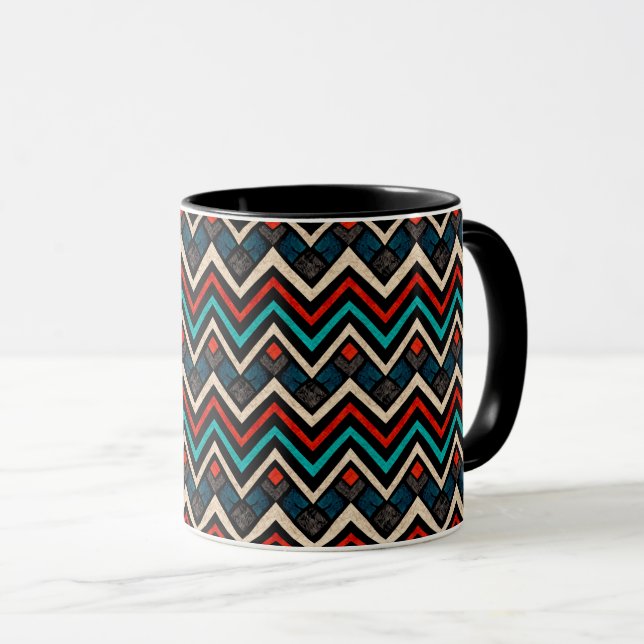 Black Red Teal Beige Aztec Mönster Mugg (Framsida höger)