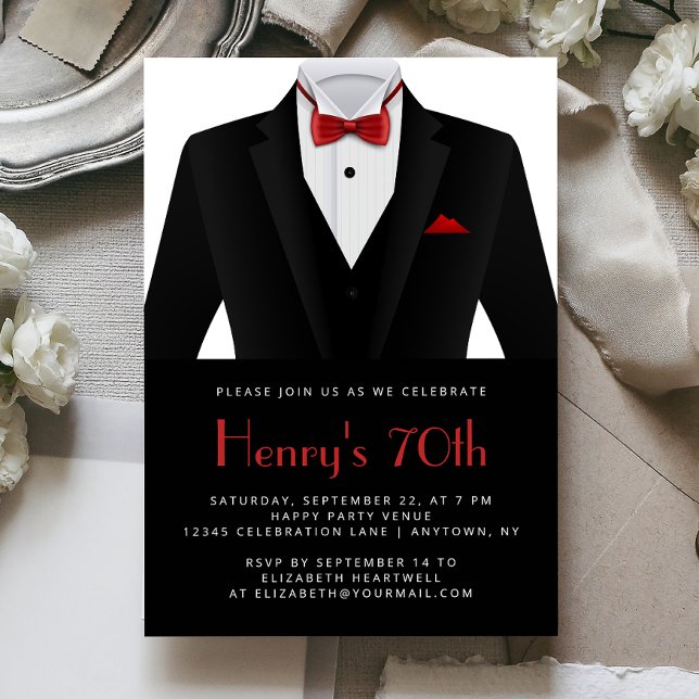 Black Red Tuxedo Mens 70th Birthday Party Inbjudningar (Skapare uppladdad)