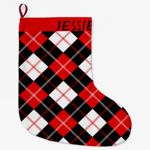Black Red White Argyle Personlig Stor Julstrumpa