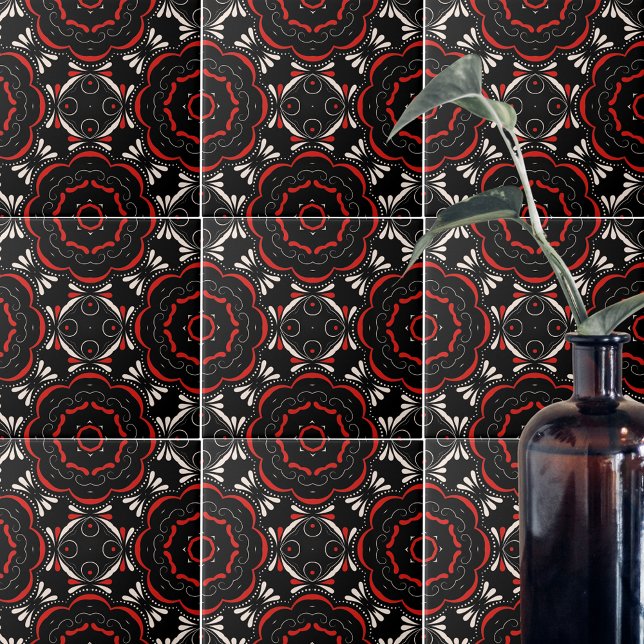Black Red White Ethnic Ornate Geometric Mönster Kakelplatta (Skapare uppladdad)