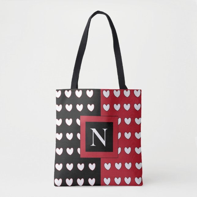 Black Red White Hearts Monogram Initial Tygkasse (Framsida)