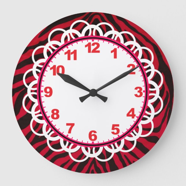 Black & Red Zebra Rand Clock med siffror Stor Klocka (Framsida)