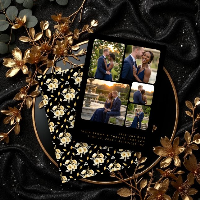 Black Refined Minimalist 5-Photo Collage Wedding  Spara Datumet (Black Refined Minimalist 5-Photo Collage Wedding Save the Date Card Design with Back Black.)