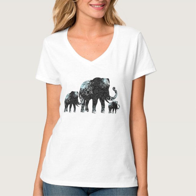 Black Retro Flowers Elephant Family T-shirt (Framsida)