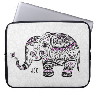 Black Retro Flowers & Elephant Rosa Diamonds Laptop Sleeve
