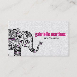 Black Retro Flowers & Elephant Rosa Diamonds Visitkort