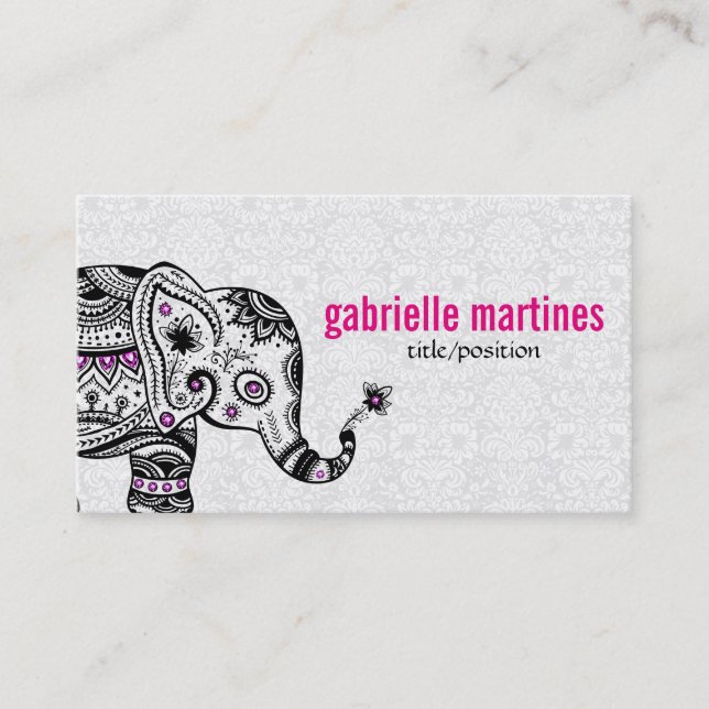 Black Retro Flowers & Elephant Rosa Diamonds Visitkort (Framsida)