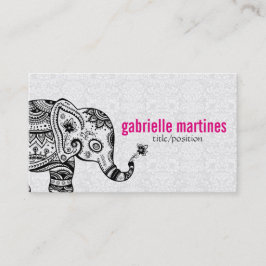 Black Retro Flowers & Elephant White Diamonds Visitkort