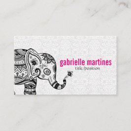 Black Retro Flowers & Elephant White Diamonds Visitkort