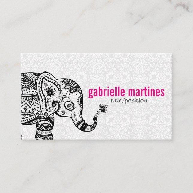 Black Retro Flowers & Elephant White Diamonds Visitkort (Framsida)