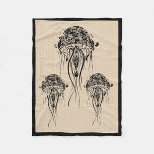 Black Retro Jellyfish Beige Background Fleecefilt
