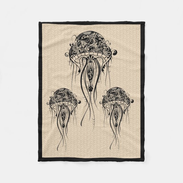 Black Retro Jellyfish Beige Background Fleecefilt (Framsidan)